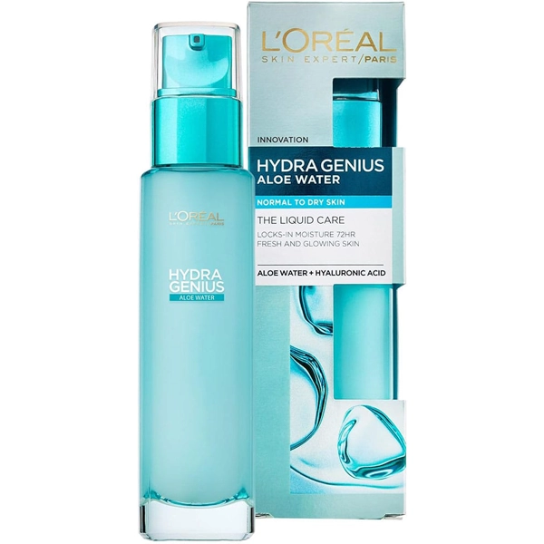 سرم آبرسان هیدرا جنیوس  لورال پوست نرمال تا خشک 72 ساعته پمپی 70میل | L'OREAL Hydra Genius Aloe Water + Hyaluronic Acid Normal to Dry Skin 72hr